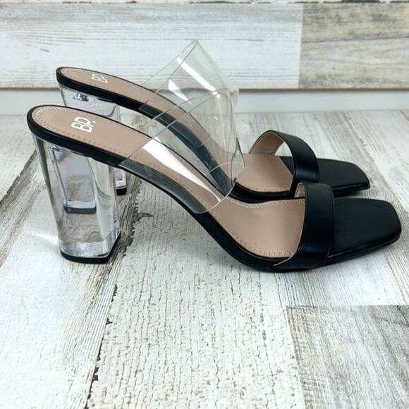 BP Women’s 10 Naomi Black Faux Leather Clear Block Heel Slip-On Sandals NEW - Picture 5 of 8